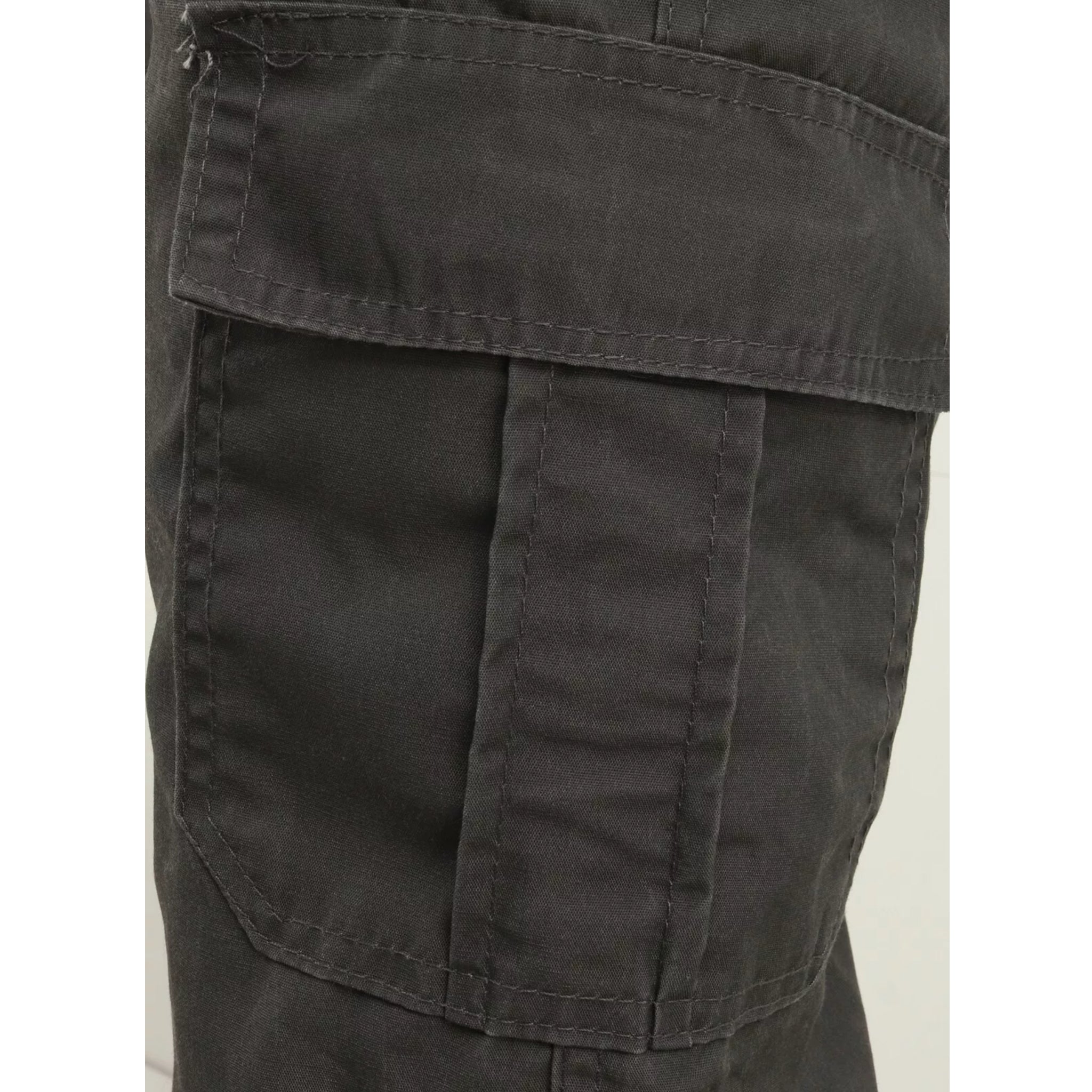 Men's grey cargo utility trousers with side flap pockets, elasticated waistband, and belt loops – durable workwear or outdoor pants